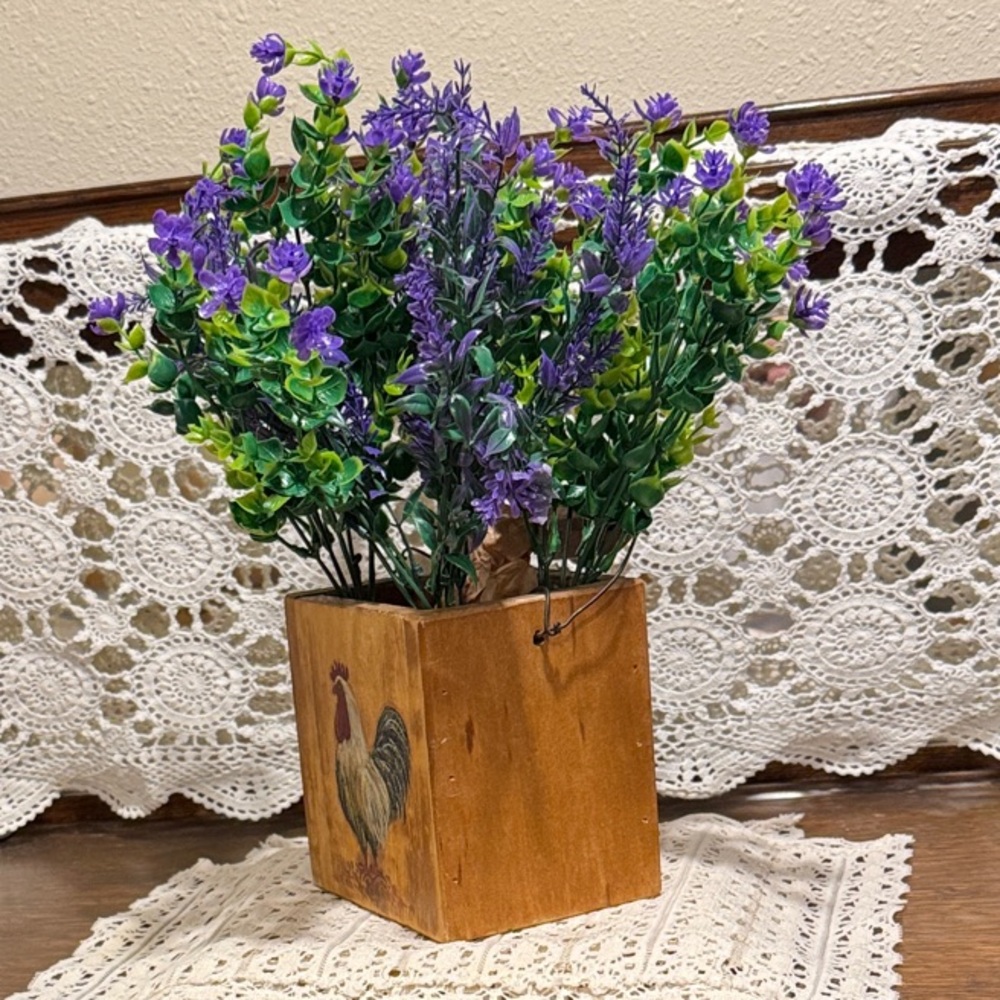 Wooden Container with a rooster holding Purple and Green Faux Flowers. - Picture 3 of 12